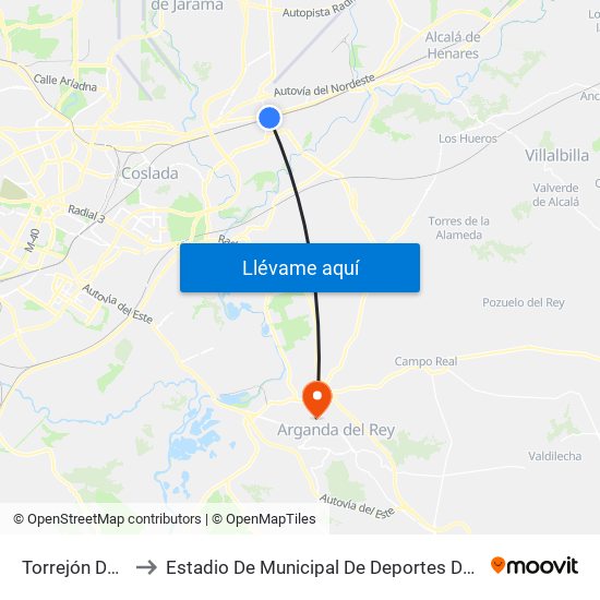 Torrejón De Ardoz to Estadio De Municipal De Deportes De Arganda Del Rey map
