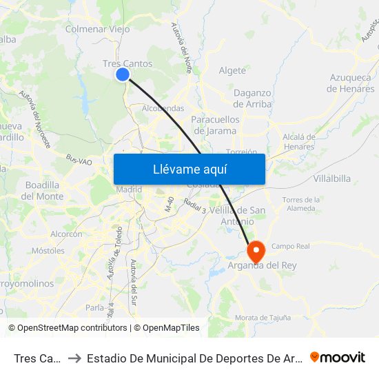Tres Cantos to Estadio De Municipal De Deportes De Arganda Del Rey map