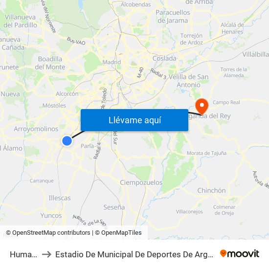 Humanes to Estadio De Municipal De Deportes De Arganda Del Rey map