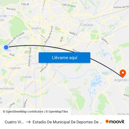 Cuatro Vientos to Estadio De Municipal De Deportes De Arganda Del Rey map