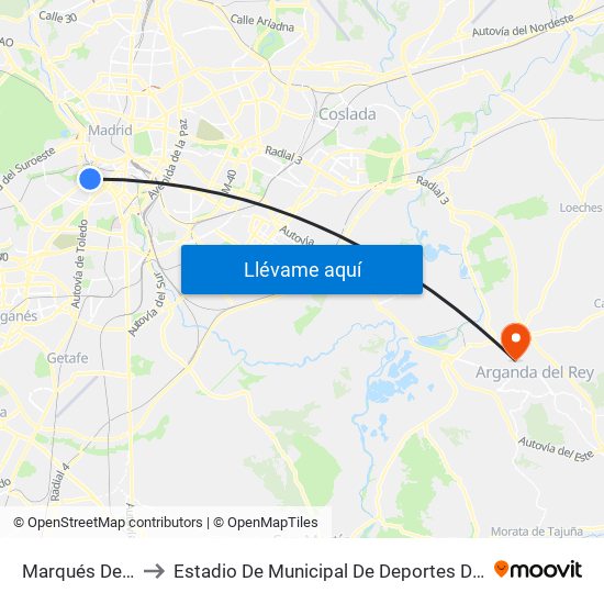 Marqués De Vadillo to Estadio De Municipal De Deportes De Arganda Del Rey map