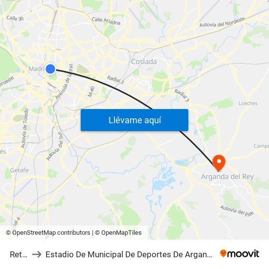 Retiro to Estadio De Municipal De Deportes De Arganda Del Rey map