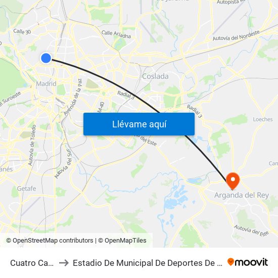 Cuatro Caminos to Estadio De Municipal De Deportes De Arganda Del Rey map