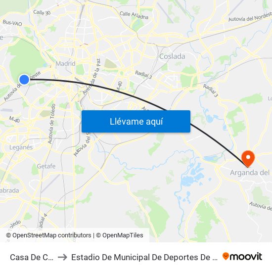 Casa De Campo to Estadio De Municipal De Deportes De Arganda Del Rey map