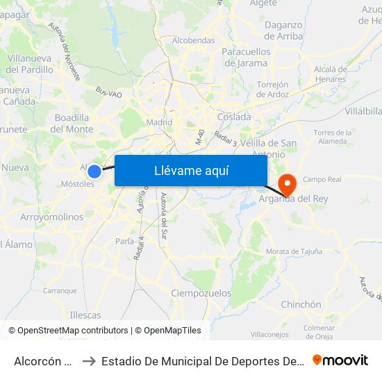 Alcorcón Central to Estadio De Municipal De Deportes De Arganda Del Rey map