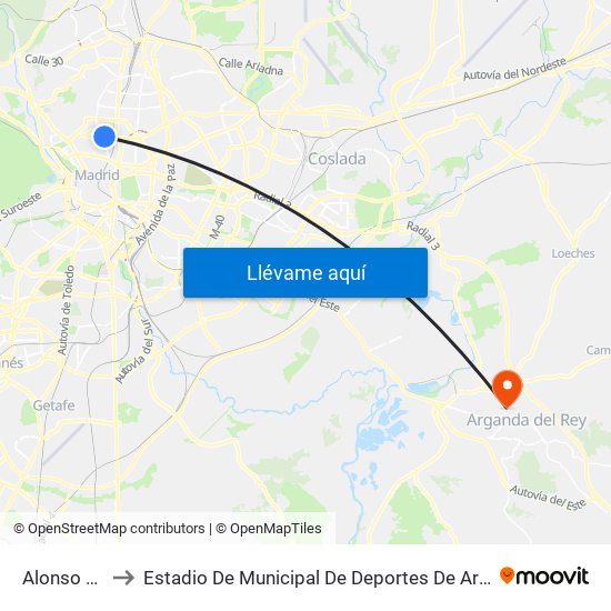 Alonso Cano to Estadio De Municipal De Deportes De Arganda Del Rey map