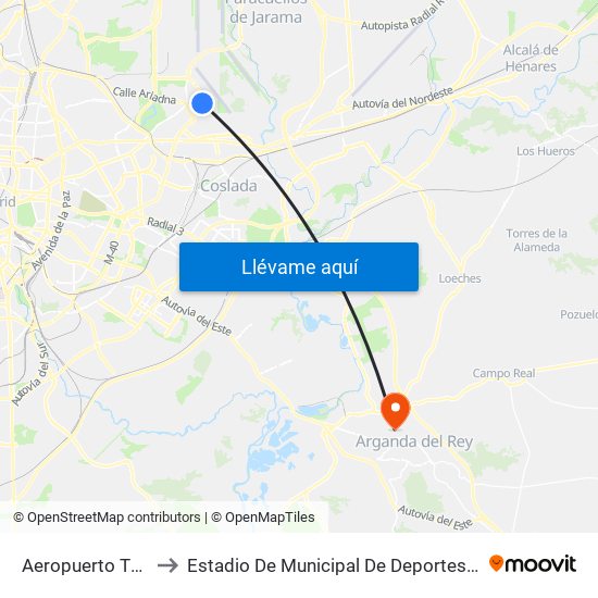 Aeropuerto T1 - T2 - T3 to Estadio De Municipal De Deportes De Arganda Del Rey map