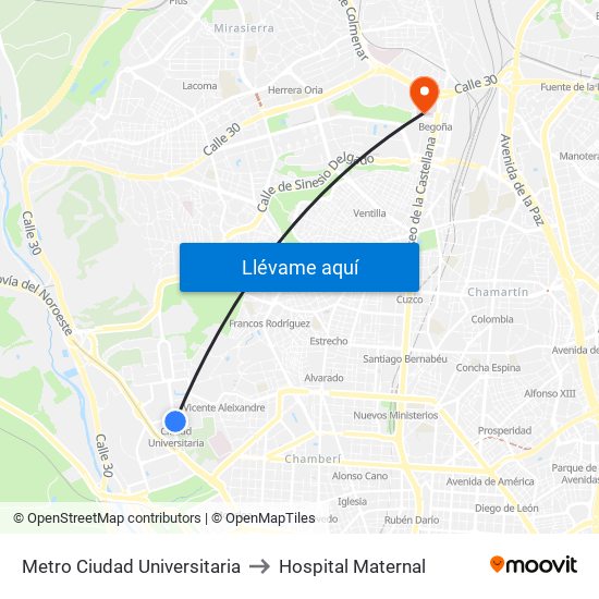 Metro Ciudad Universitaria to Hospital Maternal map