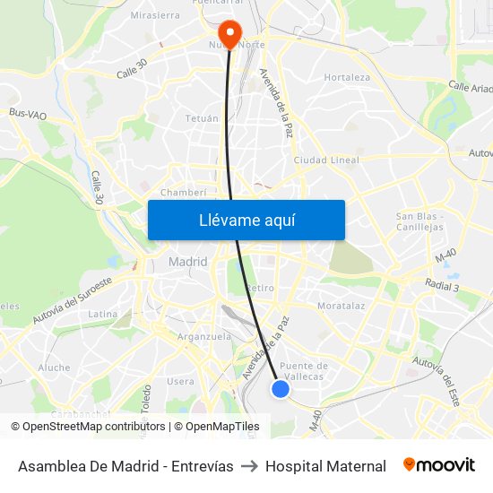 Asamblea De Madrid - Entrevías to Hospital Maternal map