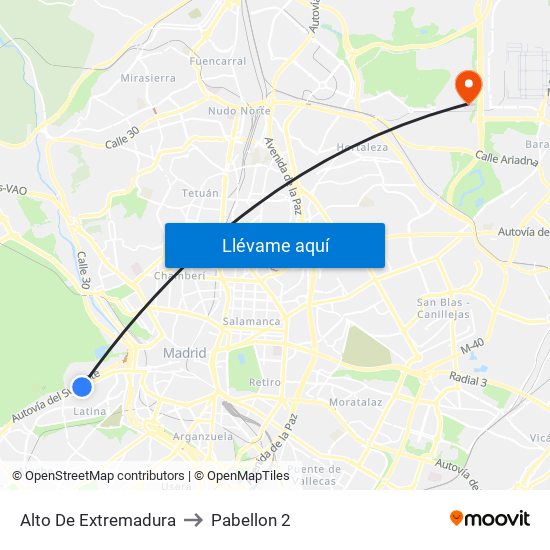 Alto De Extremadura to Pabellon 2 map