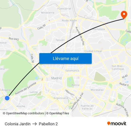 Colonia Jardín to Pabellon 2 map