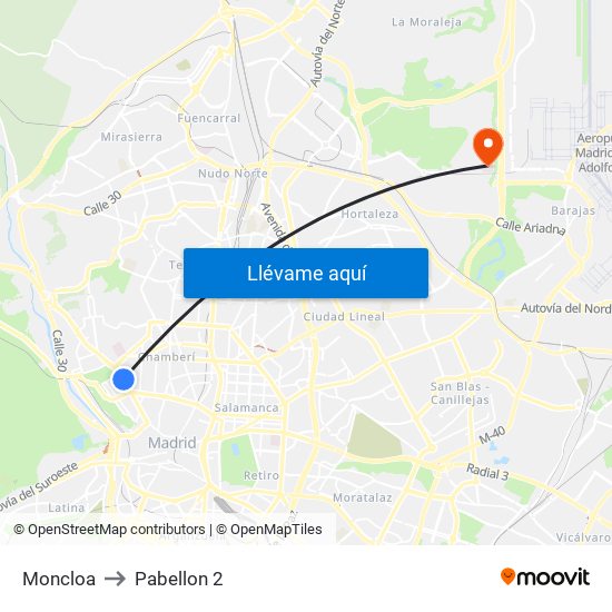 Moncloa to Pabellon 2 map