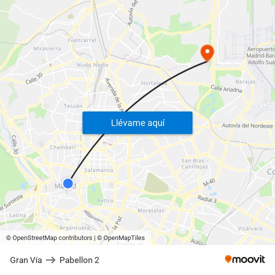 Gran Vía to Pabellon 2 map