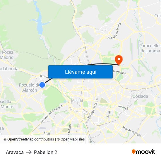 Aravaca to Pabellon 2 map