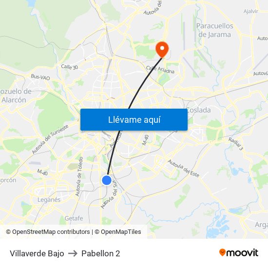 Villaverde Bajo to Pabellon 2 map