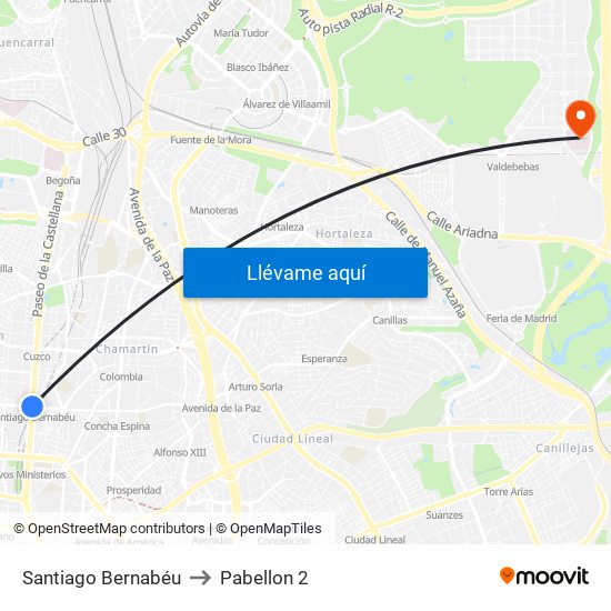 Santiago Bernabéu to Pabellon 2 map