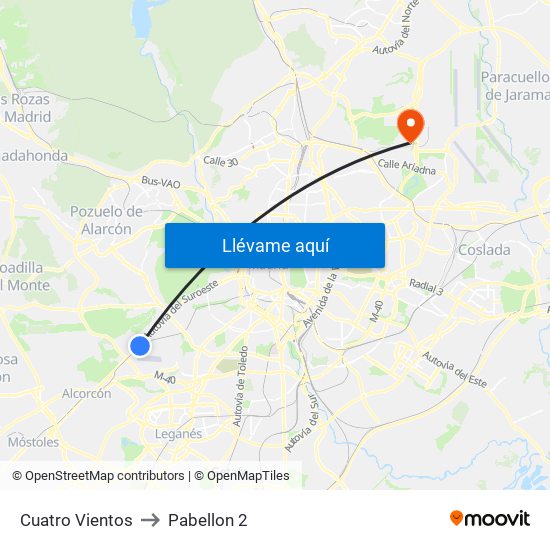 Cuatro Vientos to Pabellon 2 map