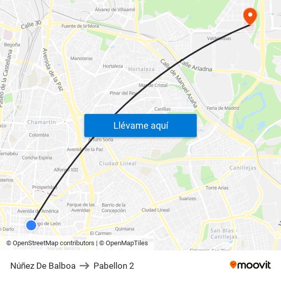 Núñez De Balboa to Pabellon 2 map