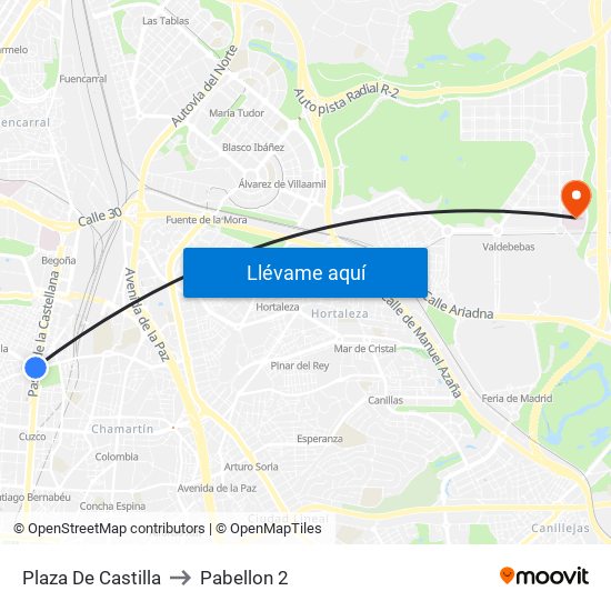Plaza De Castilla to Pabellon 2 map