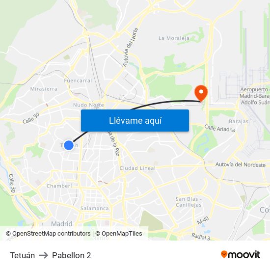 Tetuán to Pabellon 2 map