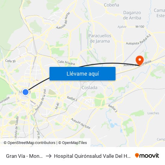 Gran Vía - Montera to Hospital Quirónsalud Valle Del Henares map