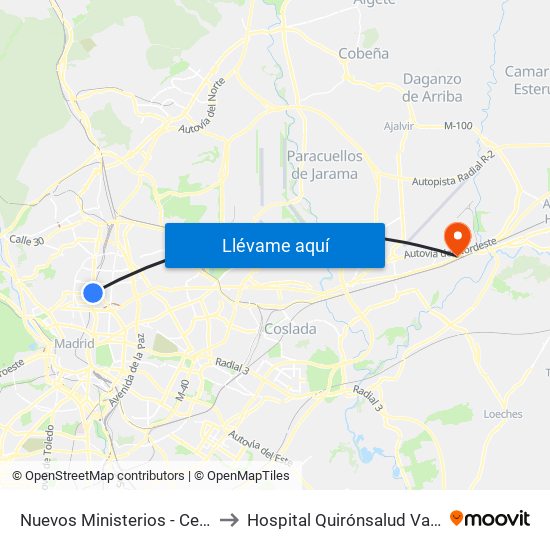 Nuevos Ministerios - Centro Comercial to Hospital Quirónsalud Valle Del Henares map