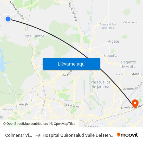 Colmenar Viejo to Hospital Quirónsalud Valle Del Henares map