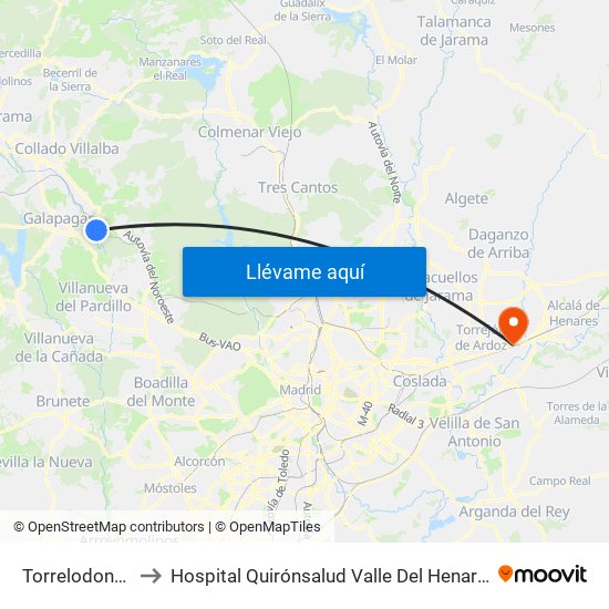 Torrelodones to Hospital Quirónsalud Valle Del Henares map