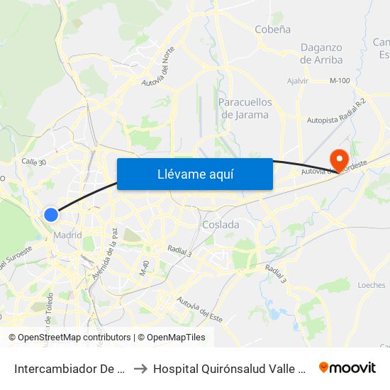 Intercambiador De Moncloa to Hospital Quirónsalud Valle Del Henares map