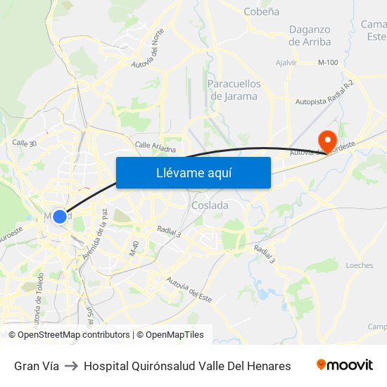 Gran Vía to Hospital Quirónsalud Valle Del Henares map