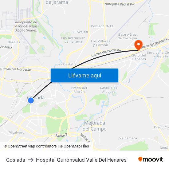 Coslada to Hospital Quirónsalud Valle Del Henares map