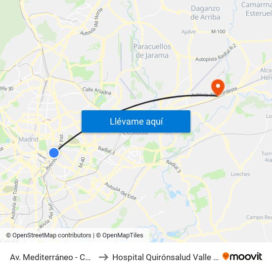 Av. Mediterráneo - Conde Casal to Hospital Quirónsalud Valle Del Henares map