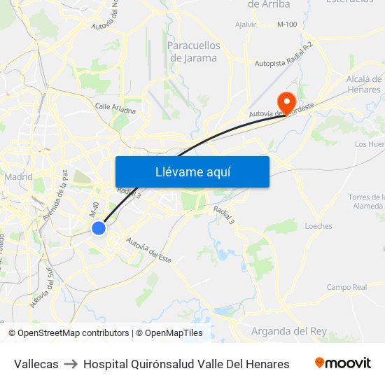 Vallecas to Hospital Quirónsalud Valle Del Henares map