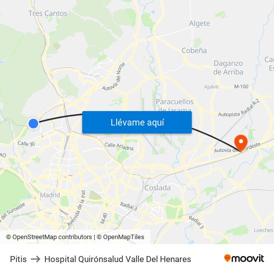 Pitis to Hospital Quirónsalud Valle Del Henares map