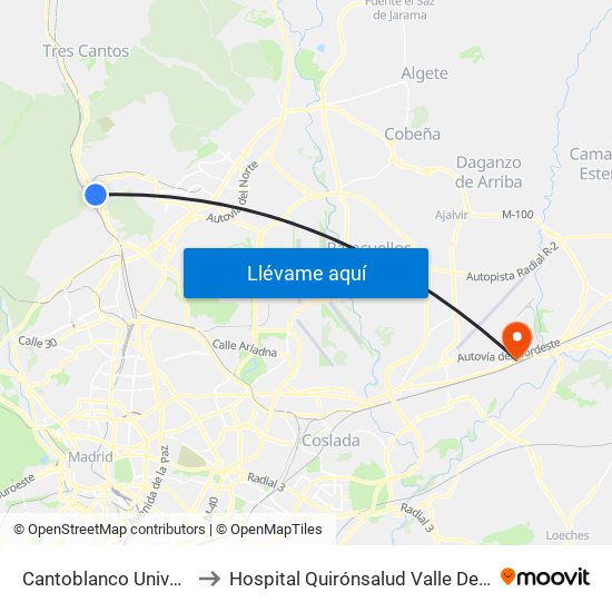 Cantoblanco Universidad to Hospital Quirónsalud Valle Del Henares map