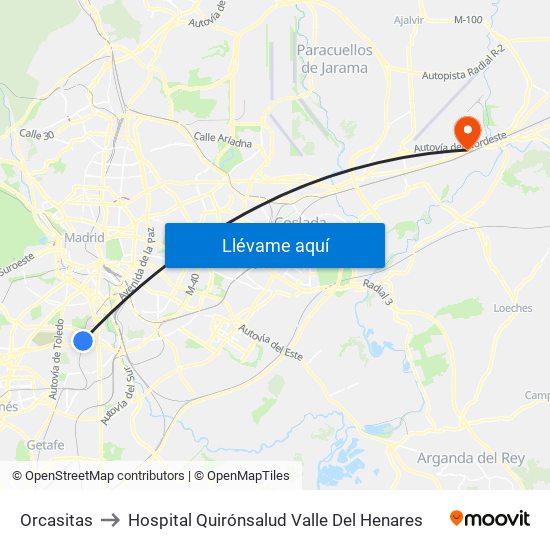 Orcasitas to Hospital Quirónsalud Valle Del Henares map