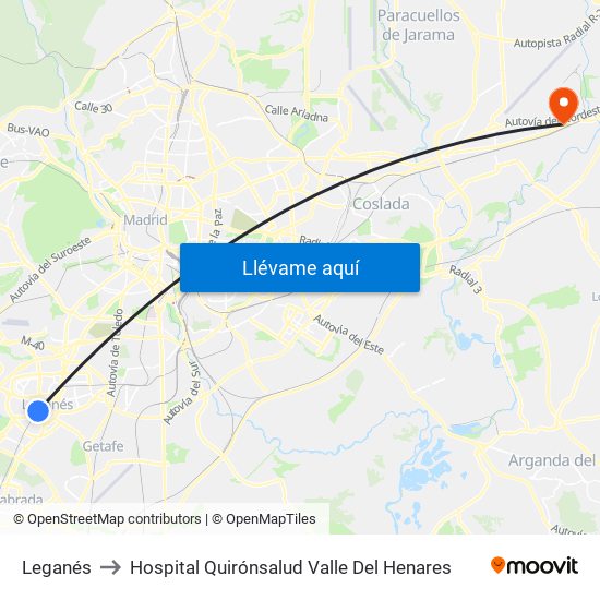 Leganés to Hospital Quirónsalud Valle Del Henares map