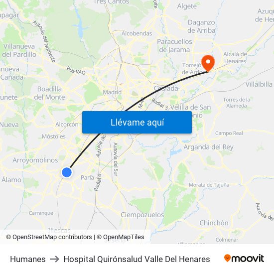 Humanes to Hospital Quirónsalud Valle Del Henares map