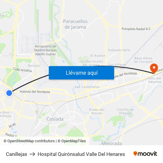 Canillejas to Hospital Quirónsalud Valle Del Henares map