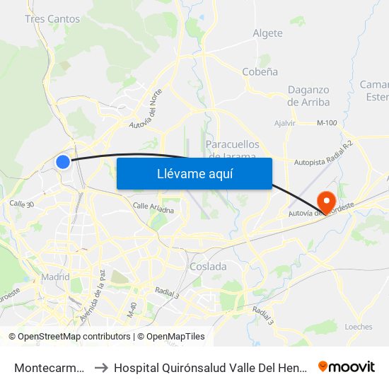 Montecarmelo to Hospital Quirónsalud Valle Del Henares map