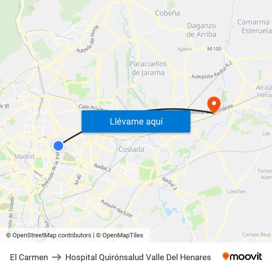 El Carmen to Hospital Quirónsalud Valle Del Henares map