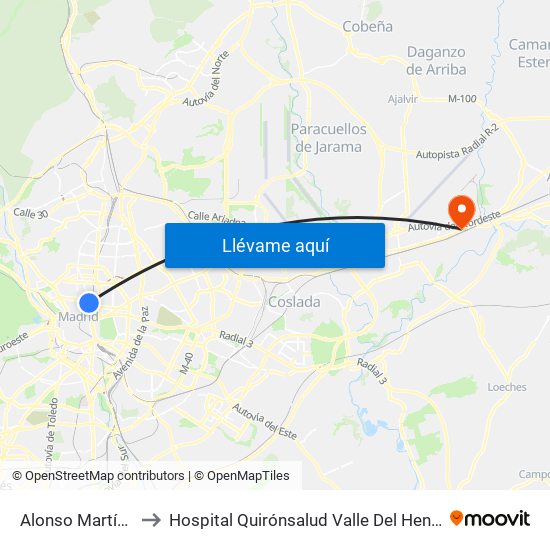 Alonso Martínez to Hospital Quirónsalud Valle Del Henares map