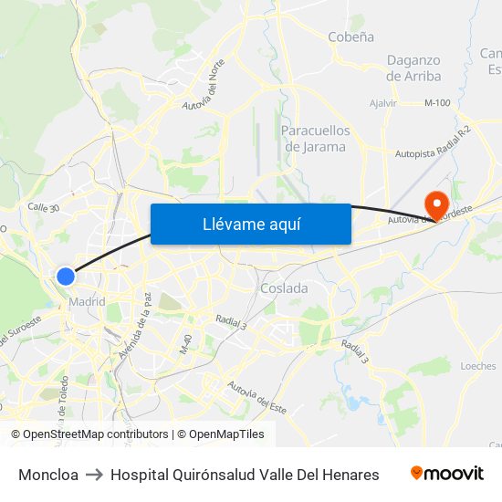 Moncloa to Hospital Quirónsalud Valle Del Henares map