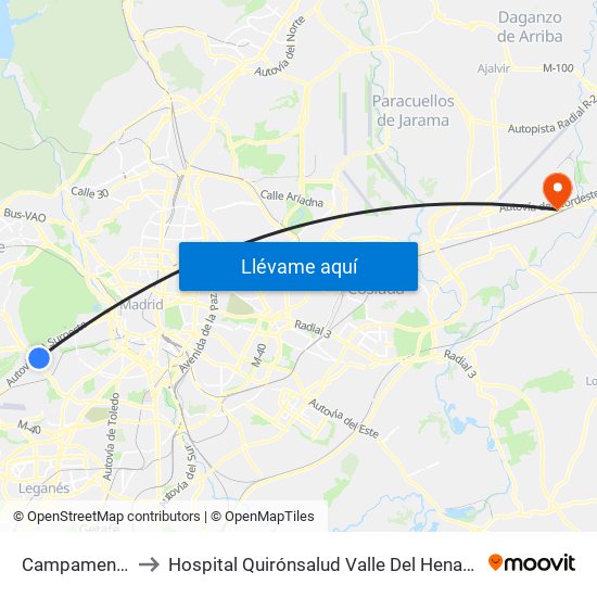 Campamento to Hospital Quirónsalud Valle Del Henares map