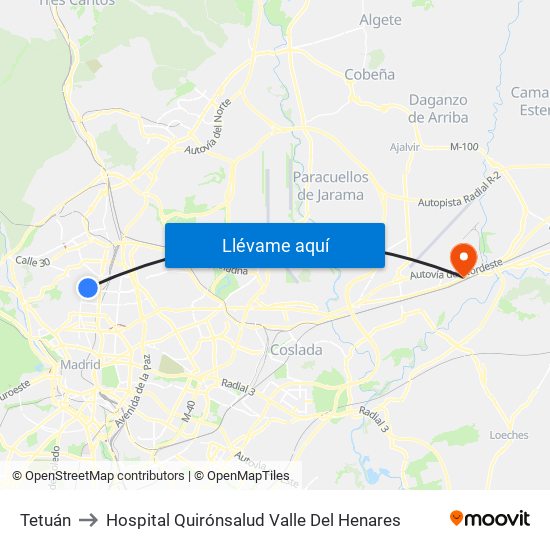 Tetuán to Hospital Quirónsalud Valle Del Henares map