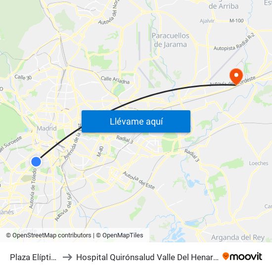 Plaza Elíptica to Hospital Quirónsalud Valle Del Henares map