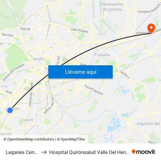 Leganés Central to Hospital Quirónsalud Valle Del Henares map