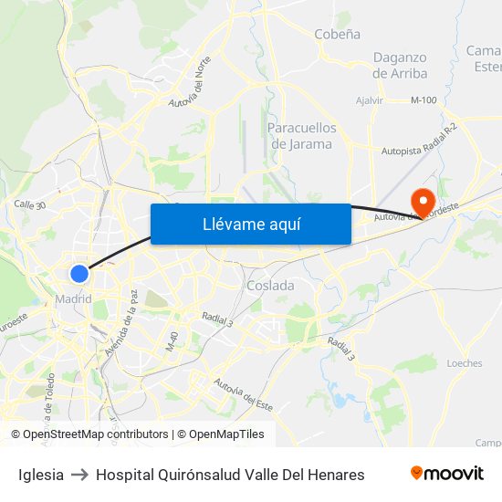 Iglesia to Hospital Quirónsalud Valle Del Henares map