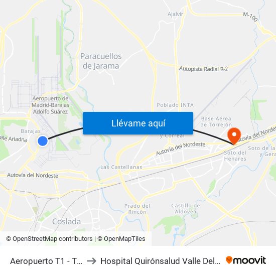 Aeropuerto T1 - T2 - T3 to Hospital Quirónsalud Valle Del Henares map