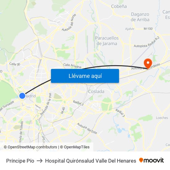 Príncipe Pío to Hospital Quirónsalud Valle Del Henares map